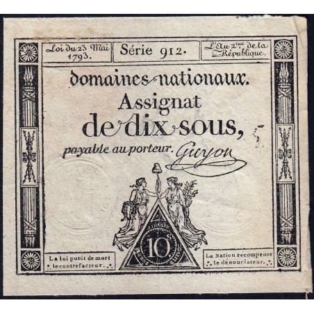 Assignat 40c - 10 sous - 23 mai 1793 - Série 912 - Filigrane républicain - Etat : TTB