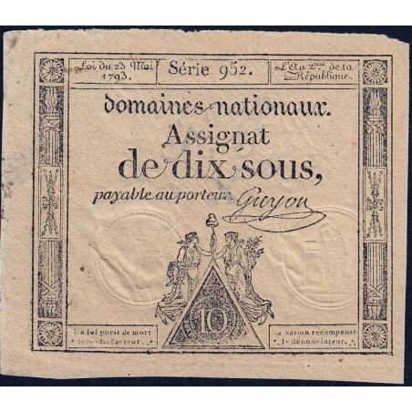 Assignat 40c - 10 sous - 23 mai 1793 - Série 952 - Filigrane républicain - Etat : TTB