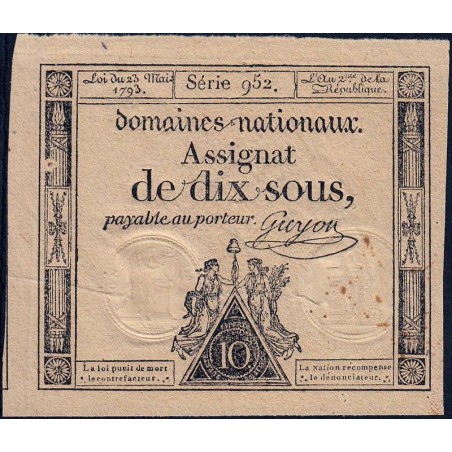 Assignat 40c - 10 sous - 23 mai 1793 - Série 952 - Filigrane républicain - Etat : TTB