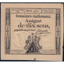 Assignat 40c - 10 sous - 23 mai 1793 - Série 952 - Filigrane républicain - Etat : SPL