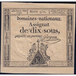 Assignat 40c - 10 sous - 23 mai 1793 - Série 952 - Filigrane républicain - Etat : SUP