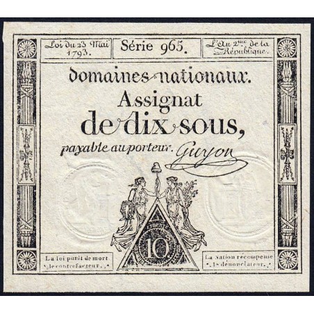 Assignat 40c - 10 sous - 23 mai 1793 - Série 965 - Filigrane républicain - Etat : SUP+