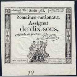 Assignat 40c - 10 sous - 23 mai 1793 - Série 965 - Filigrane républicain - Etat : SUP+