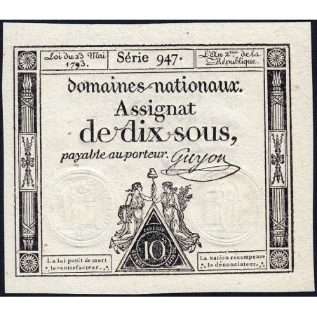 Assignat 40c - 10 sous - 23 mai 1793 - Série 947 - Filigrane républicain - Etat : NEUF
