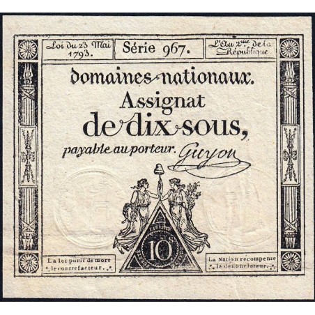 Assignat 40c - 10 sous - 23 mai 1793 - Série 967 - Filigrane républicain - Etat : TTB