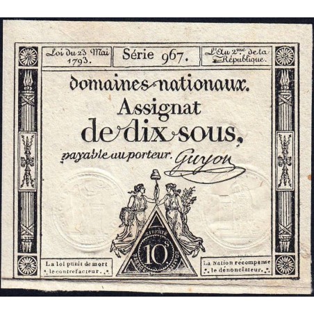 Assignat 40c - 10 sous - 23 mai 1793 - Série 967 - Filigrane républicain - Etat : TTB+