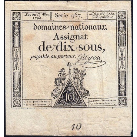 Assignat 40c - 10 sous - 23 mai 1793 - Série 967 - Filigrane républicain - Etat : TB