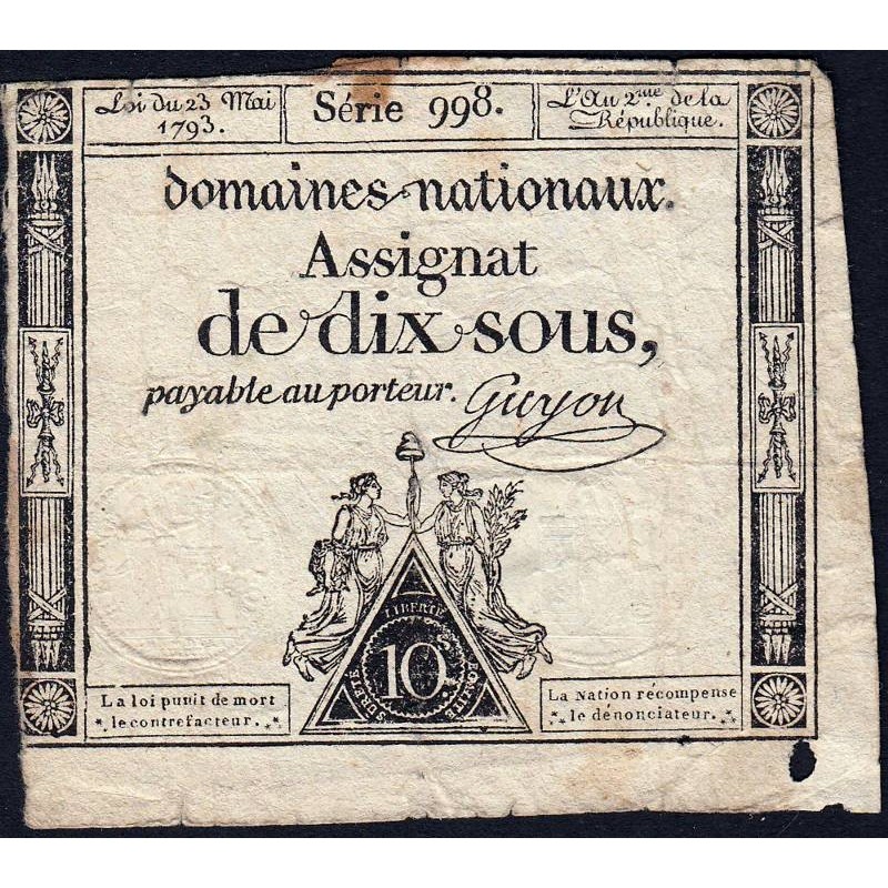 Assignat 40c - 10 sous - 23 mai 1793 - Série 998 - Filigrane républicain - Etat : B+
