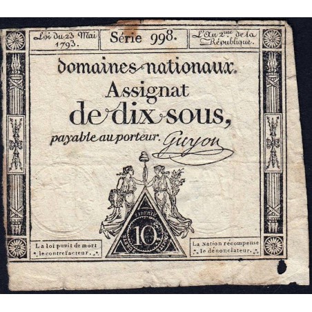 Assignat 40c - 10 sous - 23 mai 1793 - Série 998 - Filigrane républicain - Etat : B+