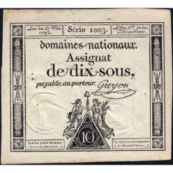 Assignat 40c - 10 sous - 23 mai 1793 - Série 1003 - Filigrane républicain - Etat : TTB+