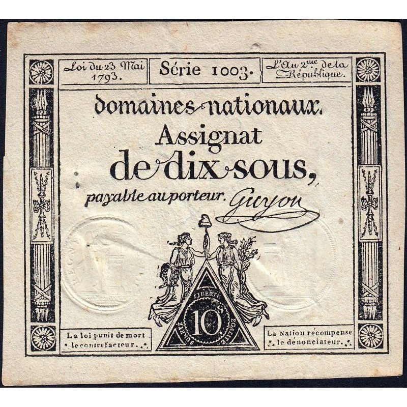 Assignat 40c - 10 sous - 23 mai 1793 - Série 1003 - Filigrane républicain - Etat : TTB+