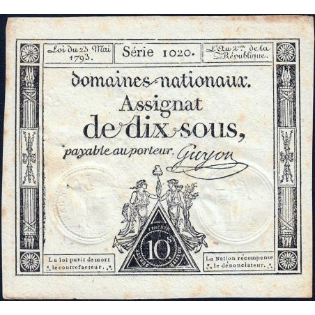 Assignat 40c - 10 sous - 23 mai 1793 - Série 1020 - Filigrane républicain - Etat : TTB