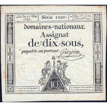 Assignat 40c - 10 sous - 23 mai 1793 - Série 1020 - Filigrane républicain - Etat : TTB-