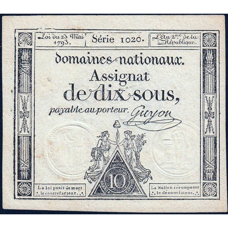 Assignat 40c - 10 sous - 23 mai 1793 - Série 1020 - Filigrane républicain - Etat : SUP
