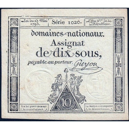 Assignat 40c - 10 sous - 23 mai 1793 - Série 1020 - Filigrane républicain - Etat : SUP