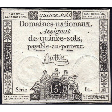 Assignat 24a - 15 sols - 4 janvier 1792 - Série 81 - Etat : SUP