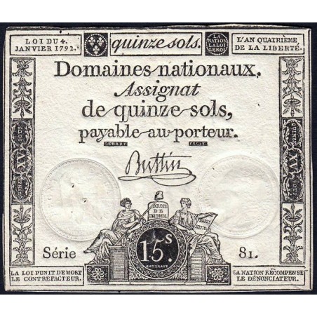 Assignat 24a - 15 sols - 4 janvier 1792 - Série 81 - Etat : SUP