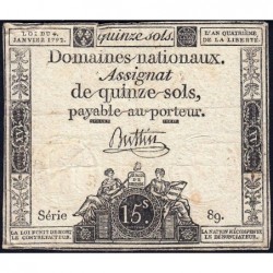 Assignat 24a - 15 sols - 4 janvier 1792 - Série 89 - Etat : TB-