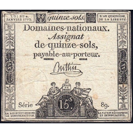 Assignat 24a - 15 sols - 4 janvier 1792 - Série 89 - Etat : TB-