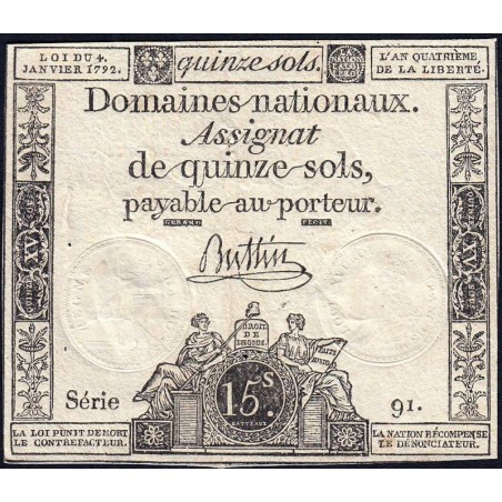 Assignat 24a - 15 sols - 4 janvier 1792 - Série 91 - Etat : TTB