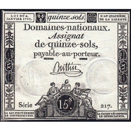 Assignat 24a - 15 sols - 4 janvier 1792 - Série 217 - Etat : SUP