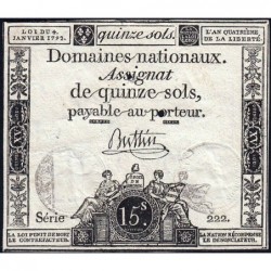 Assignat 24a - 15 sols - 4 janvier 1792 - Série 222 - Etat : TTB