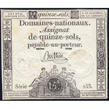 Assignat 24a - 15 sols - 4 janvier 1792 - Série 253 - Etat : TB+