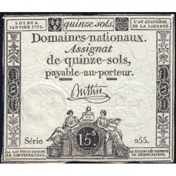 Assignat 24a - 15 sols - 4 janvier 1792 - Série 255 - Etat : TTB