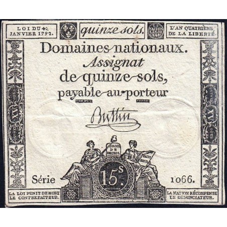 Assignat 24a - 15 sols - 4 janvier 1792 - Série 1066 - Etat : TTB