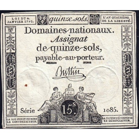 Assignat 24a - 15 sols - 4 janvier 1792 - Série 1085 - Etat : TTB