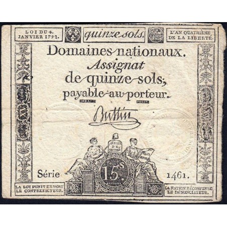 Assignat 24a - 15 sols - 4 janvier 1792 - Série 1461 - Etat : TB