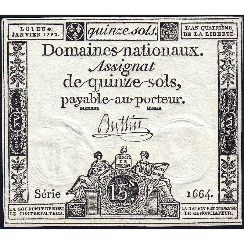 Assignat 24a - 15 sols - 4 janvier 1792 - Série 1664 - Etat : SUP