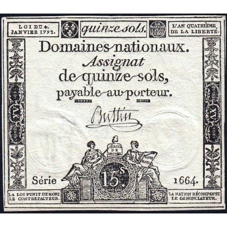 Assignat 24a - 15 sols - 4 janvier 1792 - Série 1664 - Etat : SUP