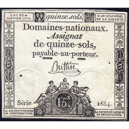 Assignat 24a - 15 sols - 4 janvier 1792 - Série 1664 - Etat : TTB