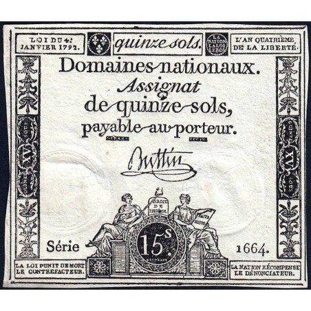 Assignat 24a - 15 sols - 4 janvier 1792 - Série 1664 - Etat : TB+