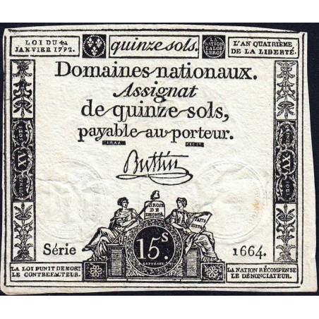 Assignat 24a - 15 sols - 4 janvier 1792 - Série 1664 - Etat : TTB