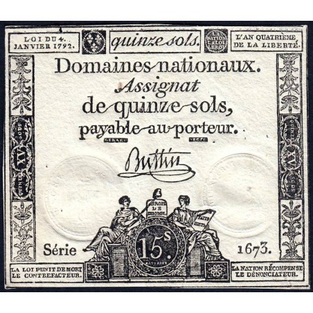 Assignat 24a - 15 sols - 4 janvier 1792 - Série 1673 - Etat : SUP