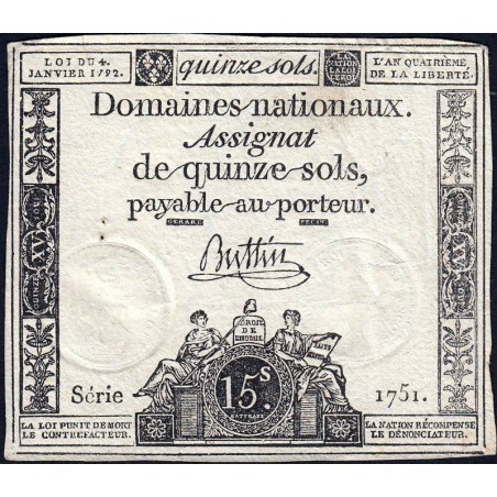 Assignat 24a - 15 sols - 4 janvier 1792 - Série 1751 - Etat : TTB