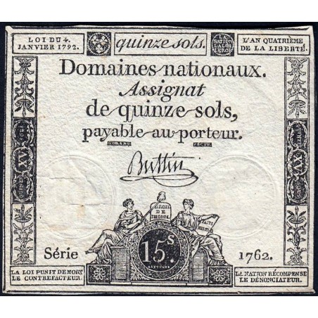 Assignat 24a - 15 sols - 4 janvier 1792 - Série 1762 - Etat : TB+