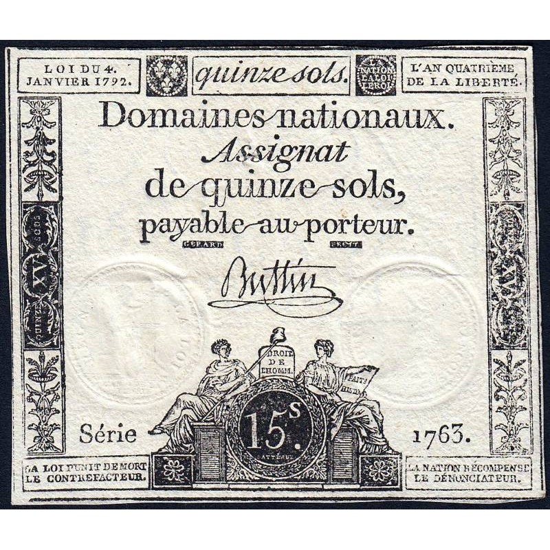 Assignat 24a - 15 sols - 4 janvier 1792 - Série 1763 - Etat : SUP