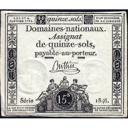 Assignat 24a - 15 sols - 4 janvier 1792 - Série 1846 - Etat : TTB+