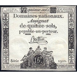 Assignat 24a - 15 sols - 4 janvier 1792 - Série 1922 - Etat : TTB