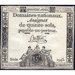 Assignat 24a - 15 sols - 4 janvier 1792 - Série 1945 - Etat : TTB