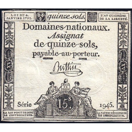 Assignat 24a - 15 sols - 4 janvier 1792 - Série 1945 - Etat : TTB