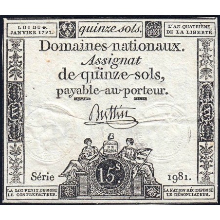 Assignat 24a - 15 sols - 4 janvier 1792 - Série 1981 - Etat : TB+