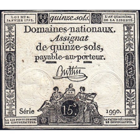 Assignat 24a - 15 sols - 4 janvier 1792 - Série 1990 - Etat : TTB