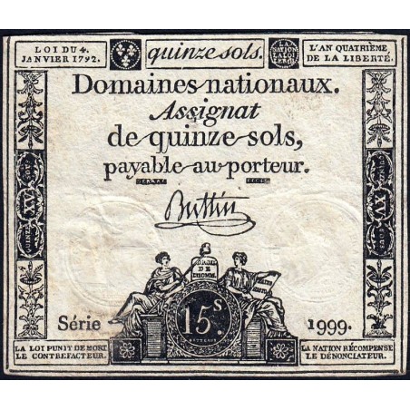 Assignat 24a - 15 sols - 4 janvier 1792 - Série 1999 - Etat : TB+