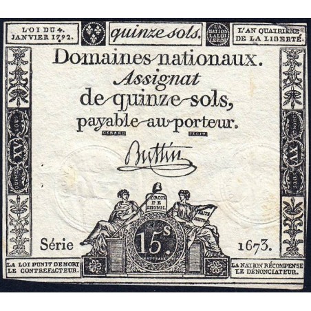 Assignat 24a - 15 sols - 4 janvier 1792 - Série 1673 - Etat : TB+