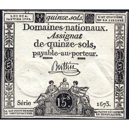 Assignat 24a - 15 sols - 4 janvier 1792 - Série 1673 - Etat : TTB