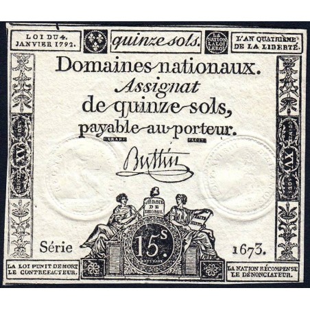 Assignat 24a - 15 sols - 4 janvier 1792 - Série 1673 - Etat : TTB